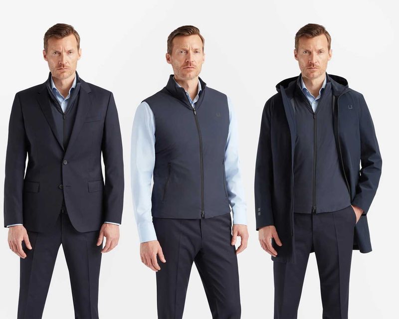 UBR Raptor vest navy blauw als onderdeel van zakelijke outfit met colbert en jas
