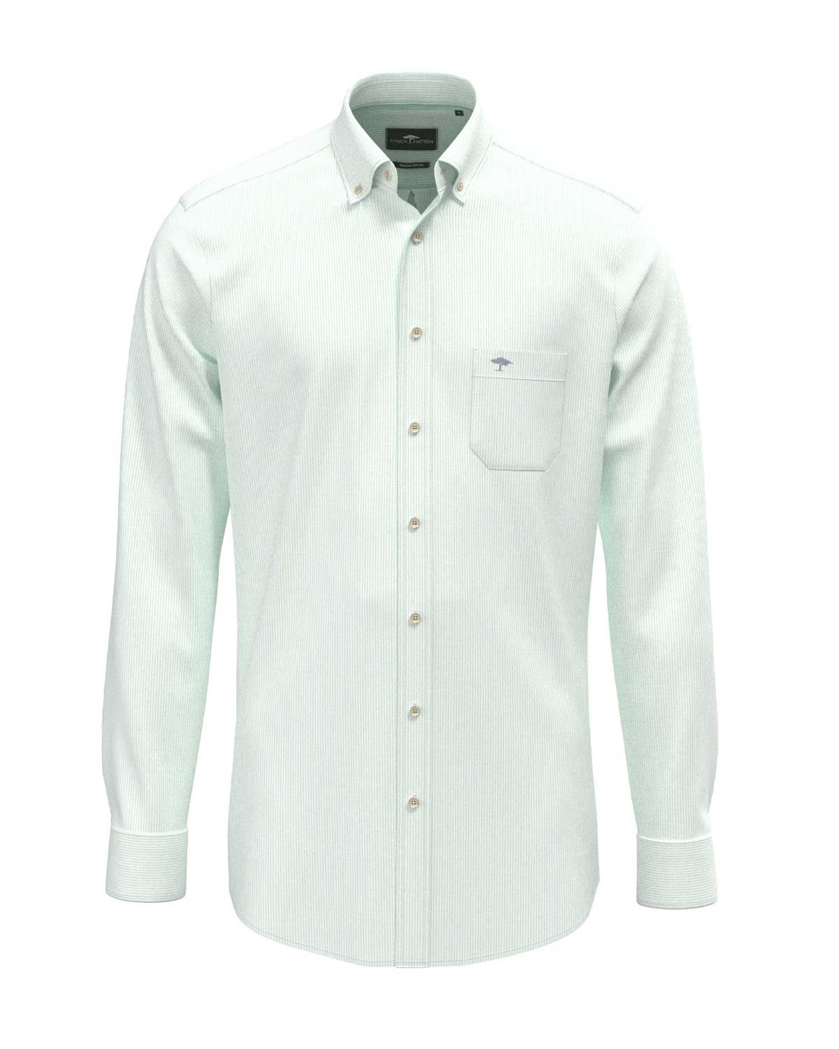 Fynch-Hatton Washed Oxford Fine Stripe shirt in green, front view