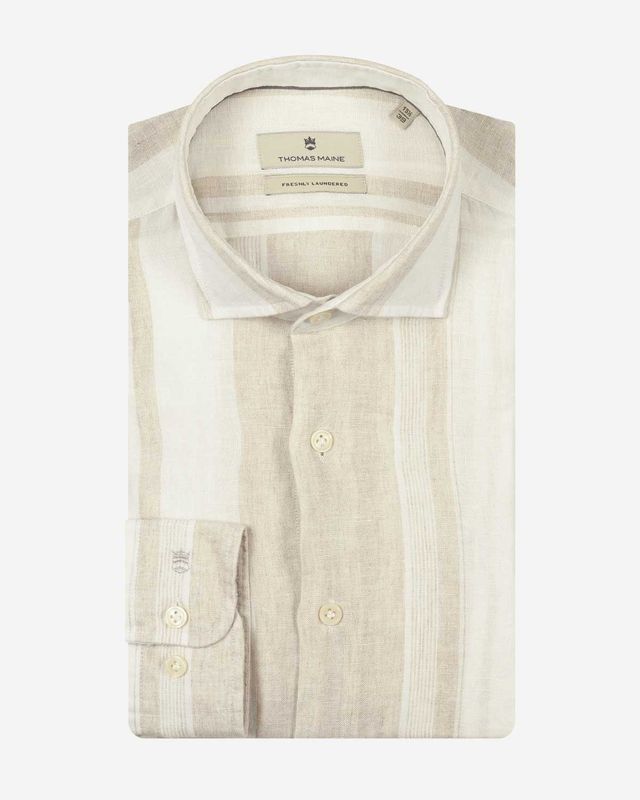 Thomas Maine Roma shirt 617716 kleur 81 licht beige linnen overhemd bij Van den Broek Herenmode Haarlem