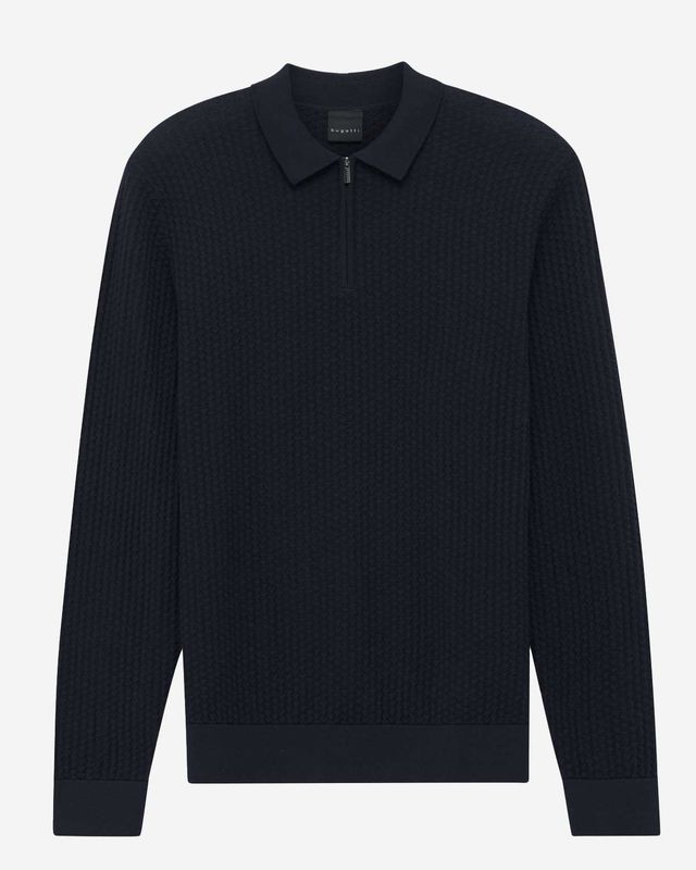 Bugatti Pullover zip Donker Blauw 7100-15532E Bugatti knit polo lange mouw rits donkerblauw 7100-15532E-390 katoen heren Haarlem