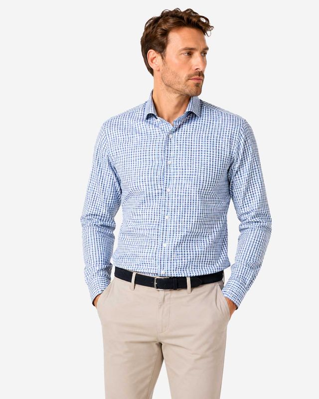 Olymp Luxor 129214-18 marineblauw geruit modern fit overhemd van katoen