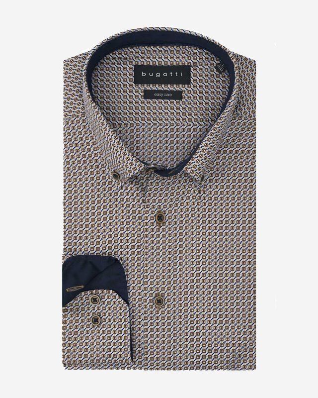 Bugatti overhemd lange mouw print bruin blauw 9350-18508E-70 katoen heren Haarlem