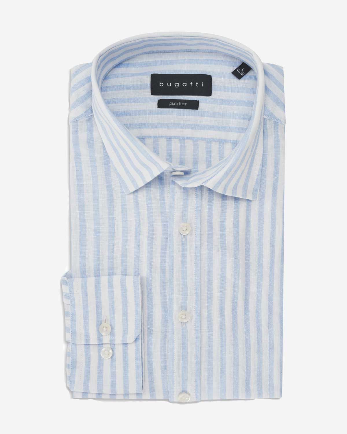 Bugatti linnen overhemd lange mouw streep lichtblauw wit 9150-18901E-320 heren Haarlem