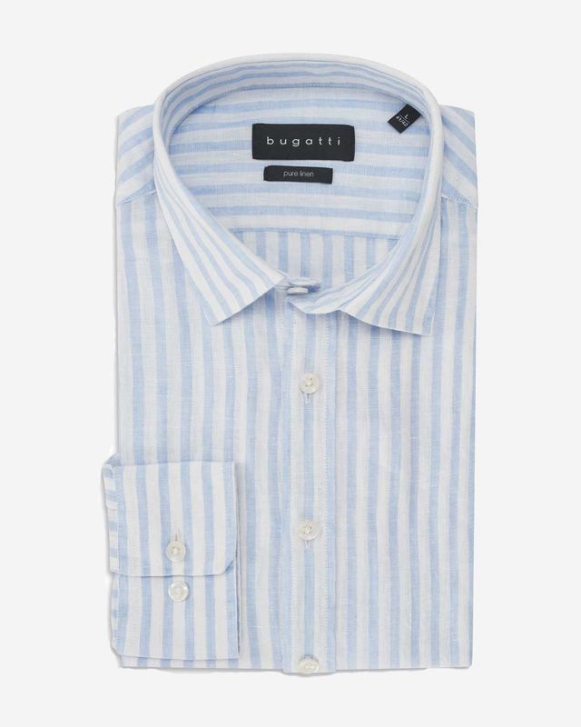 Bugatti linnen overhemd lange mouw streep lichtblauw wit 9150-18901E-320 heren Haarlem