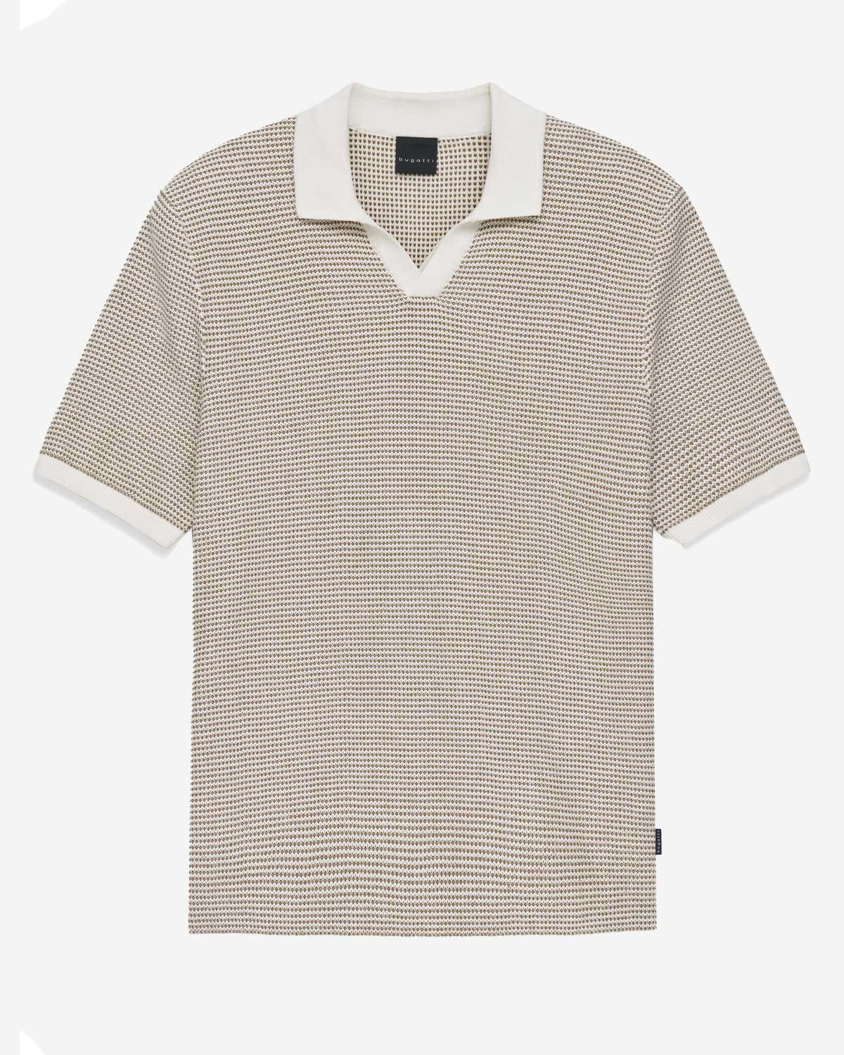 Bugatti knit polo korte mouw jacquard structuur camel off-white open kraag 7100-15519E-70 katoen heren Haarlem