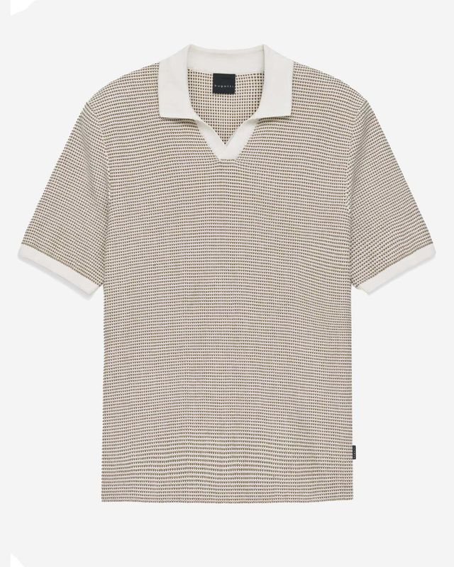 Bugatti knit polo korte mouw jacquard structuur camel off-white open kraag 7100-15519E-70 katoen heren Haarlem