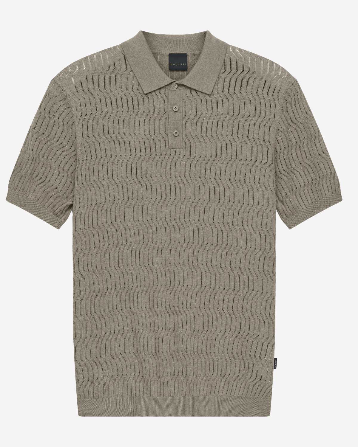 Bugatti knit polo korte mouw ajour golfpatroon khaki 7100-15553E-50 katoen zijde heren Haarlem