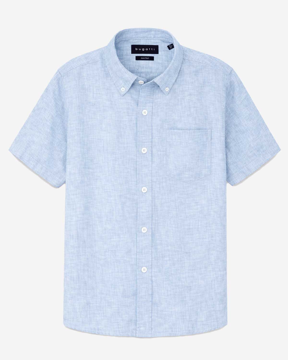 Bugatti linnen overhemd korte mouw button-down light blue 9450-18900E-320 100% linnen heren Haarlem voorkant