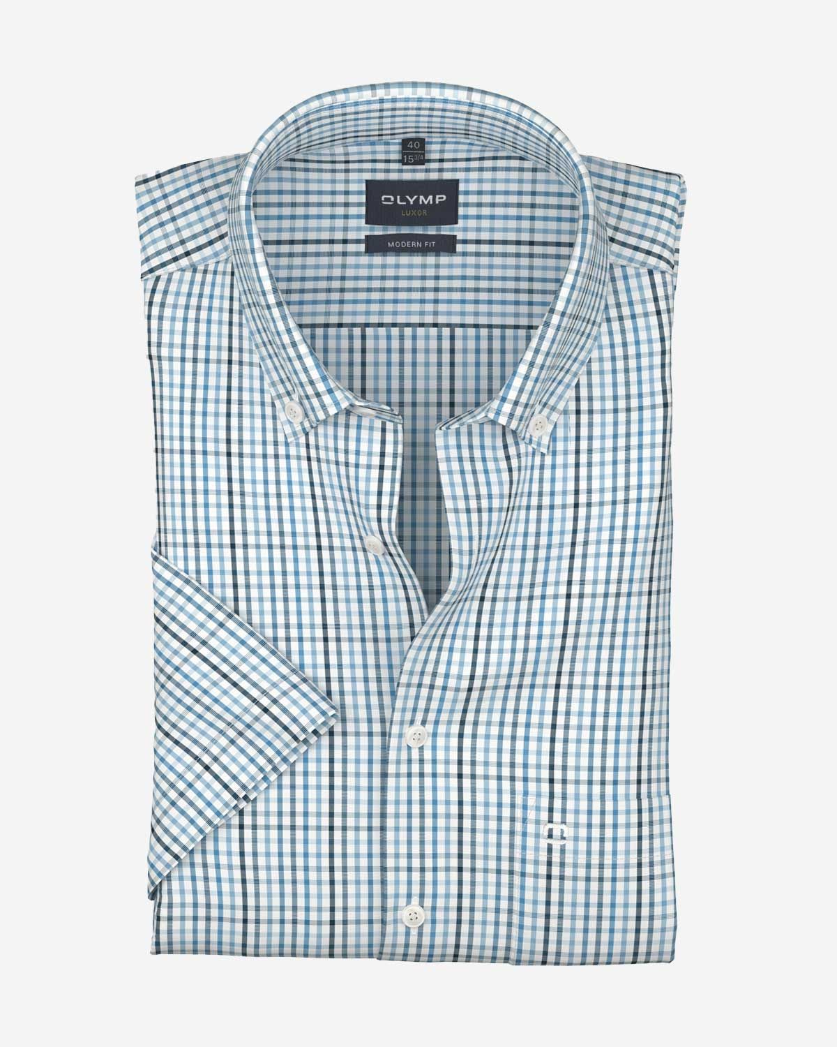 OLYMP Luxor overhemd 12521211 blauw ruit korte mouw modern fit katoen