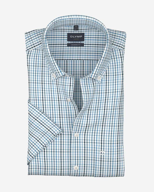 OLYMP Luxor overhemd 12521211 blauw ruit korte mouw modern fit katoen