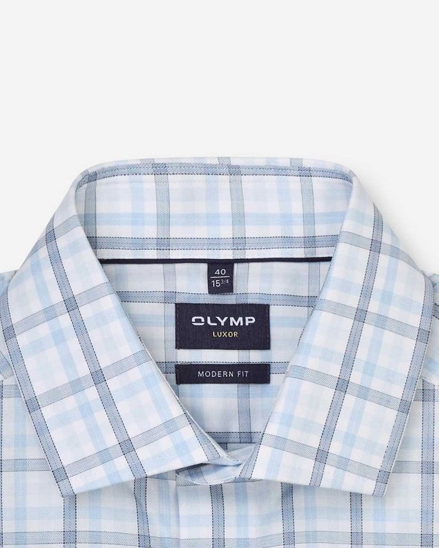 Detail OLYMP Luxor overhemd blauw ruit Global Kent kraag korte mouw