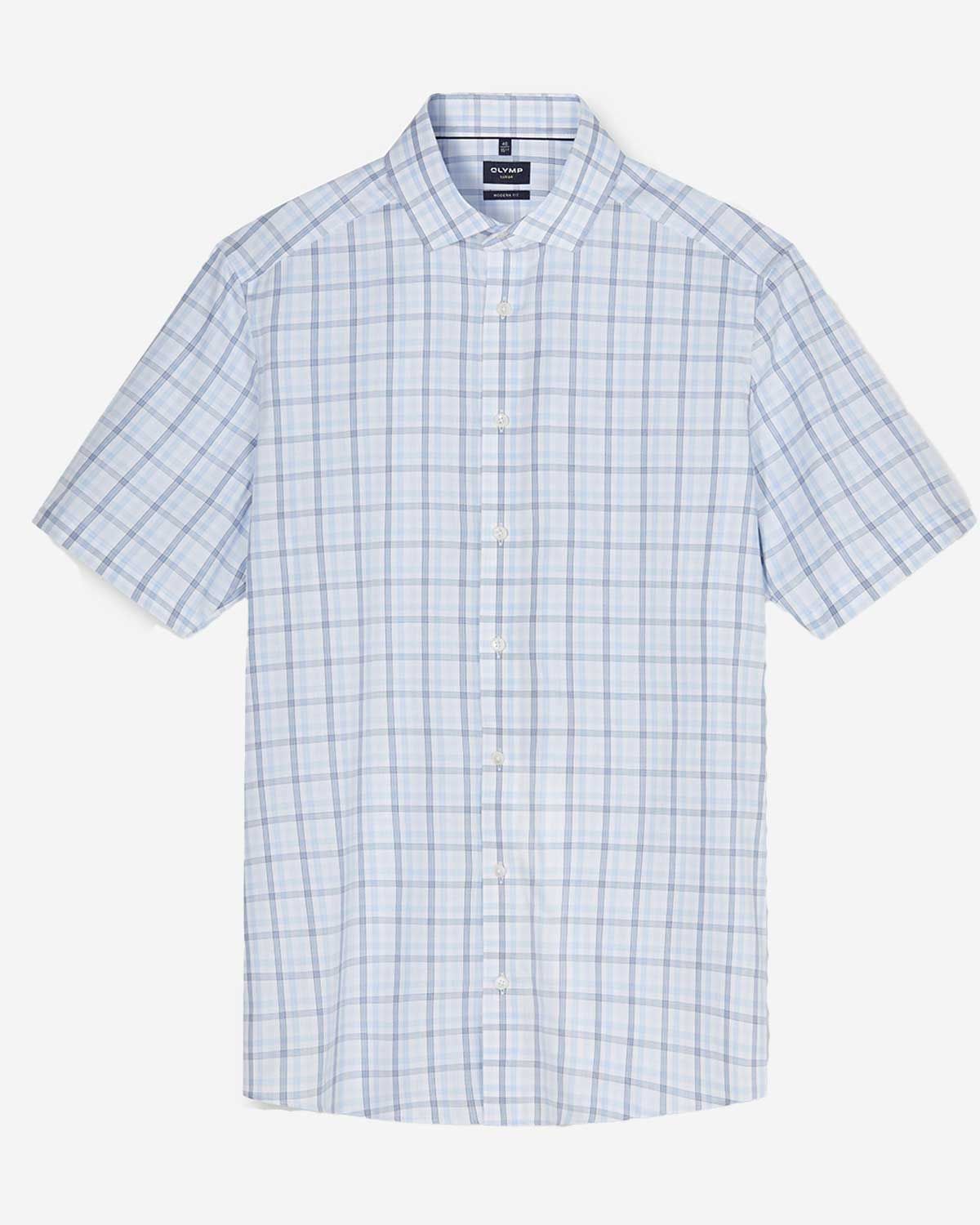 OLYMP Luxor overhemd 128612-11 blauw ruit korte mouw modern fit katoen