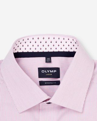 Detail OLYMP Luxor overhemd mauve streep New Kent kraag korte mouw