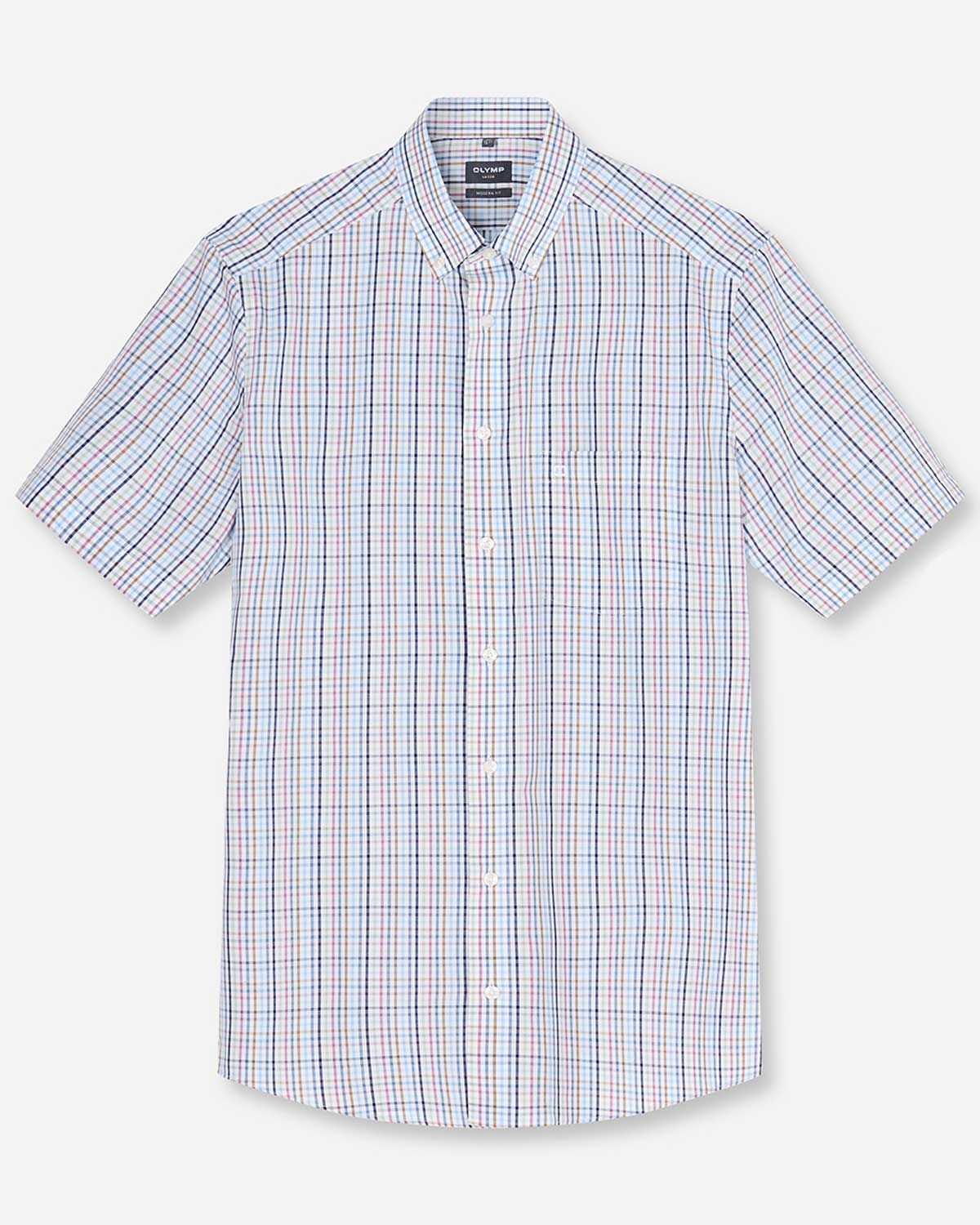 OLYMP Luxor overhemd 1112105-18 blauw ruit korte mouw modern fit katoen