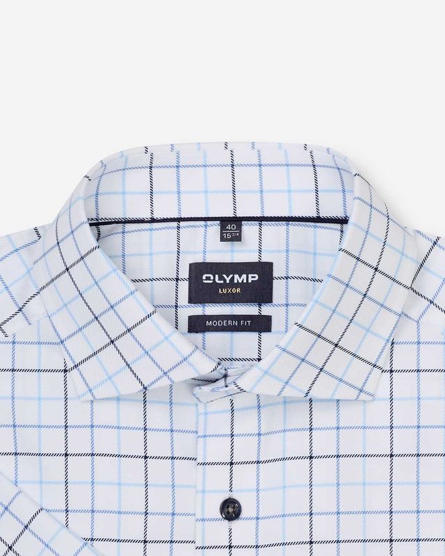 Detail kraag OLYMP Luxor overhemd blauw ruit Royal Kent
