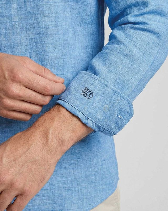 Thomas Maine Roma linnen overhemd blue 6147757-61 manchet detail borduursel heren Haarlem