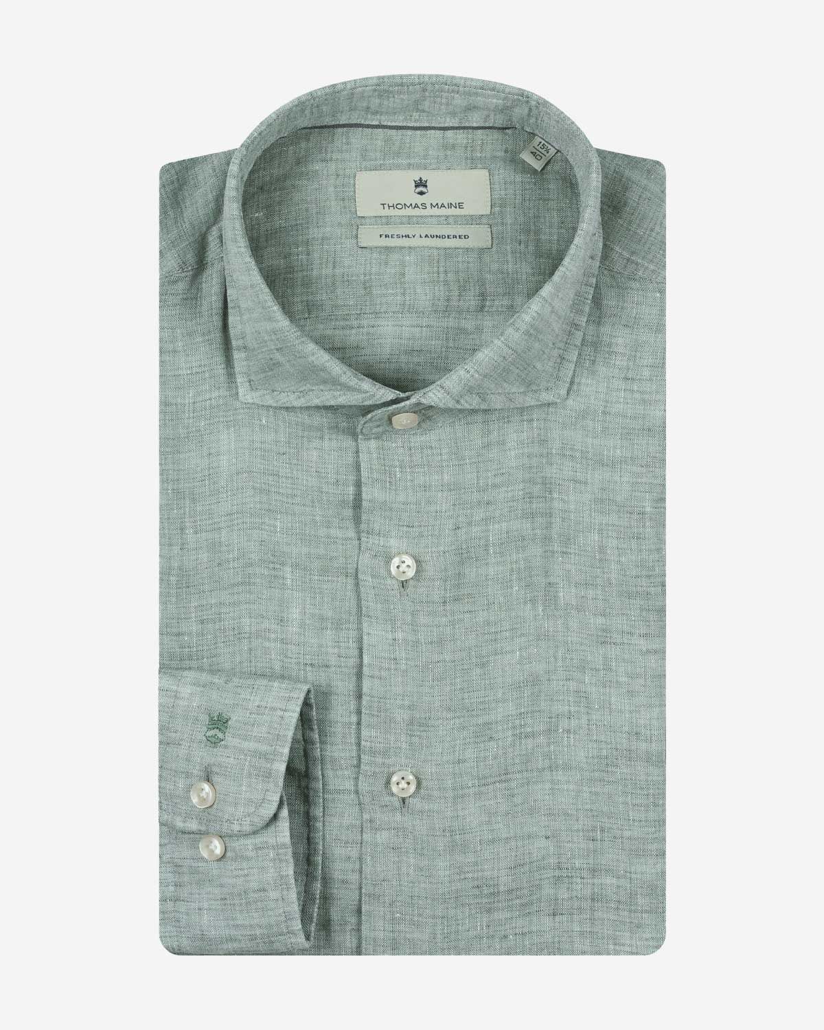 Thomas Maine Roma linnen overhemd soft green 6147757-73 kent kraag delavé modern fit heren Haarlem