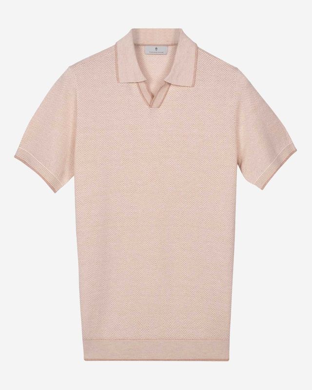 Thomas Maine pullover polo korte mouw jacquard visgraat soft peach 835TM507-25 linnen merino heren Haarlem