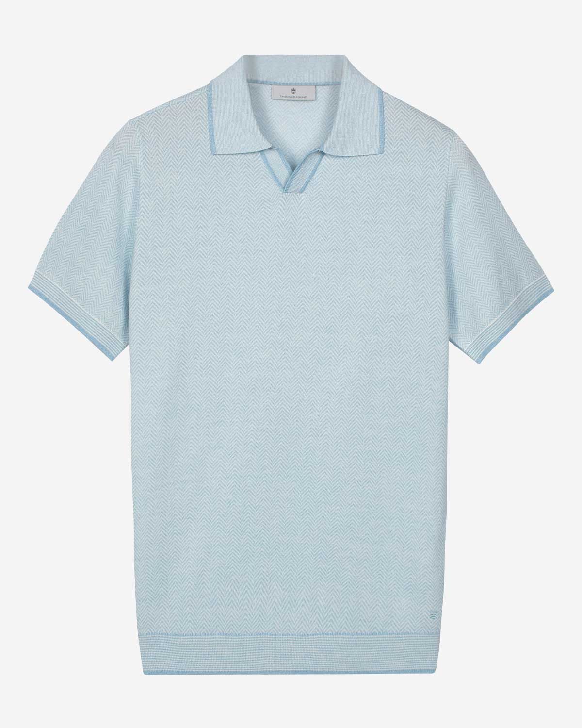 Thomas Maine pullover polo korte mouw jacquard visgraat light blue 835TM505-61 linnen merino heren model schuin