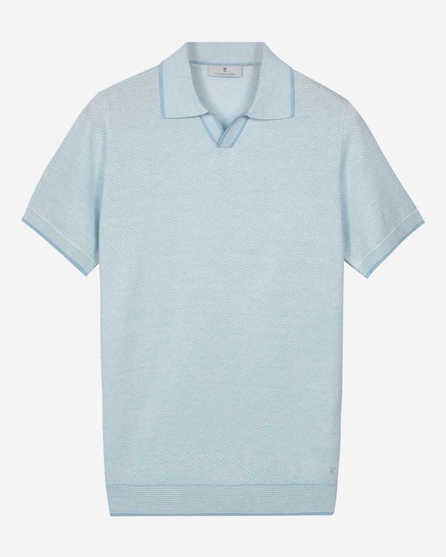 Thomas Maine pullover polo korte mouw jacquard visgraat light blue 835TM505-61 linnen merino heren model schuin