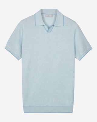 Thomas Maine pullover polo korte mouw jacquard visgraat light blue 835TM505-61 linnen merino heren model schuin