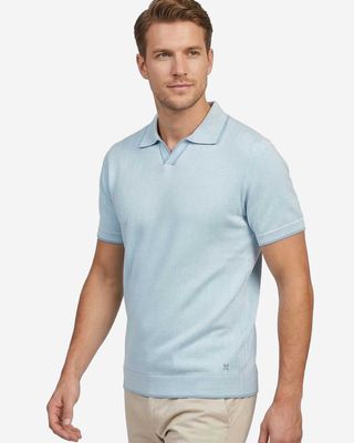 Thomas Maine pullover polo korte mouw jacquard visgraat light blue 835TM505-61 linnen merino heren plat