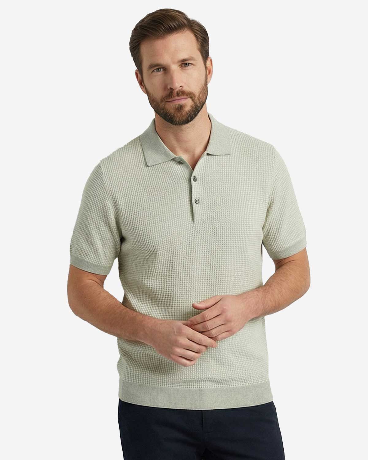 Thomas Maine pullover polo korte mouw jacquard pied-de-poule soft green 835TM300-73 linnen merino heren voor