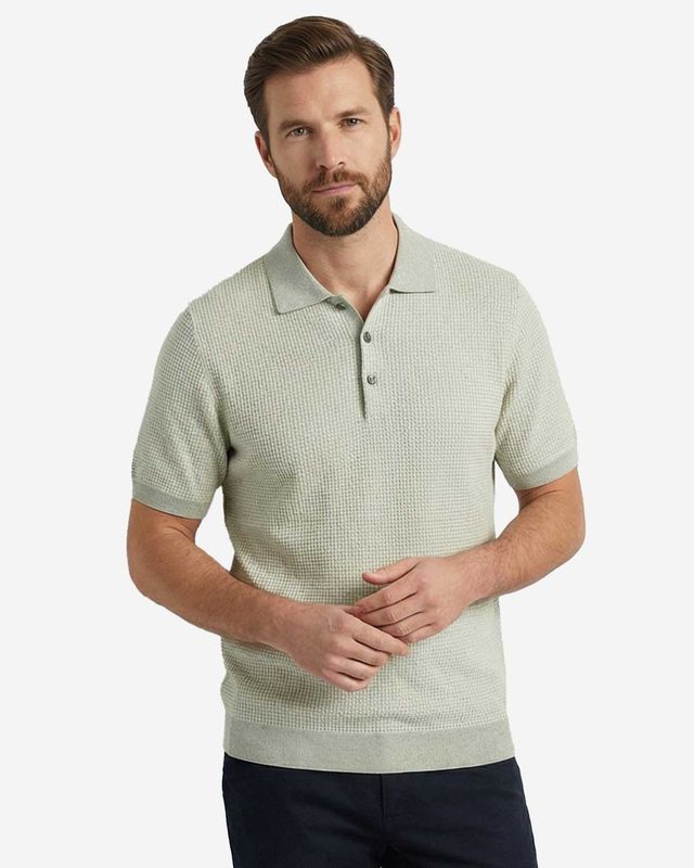 Thomas Maine pullover polo korte mouw jacquard pied-de-poule soft green 835TM300-73 linnen merino heren voor