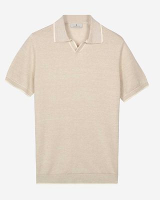 Thomas Maine pullover polo korte mouw jacquard visgraat light beige 835TM505-81 linnen merino heren Haarlem