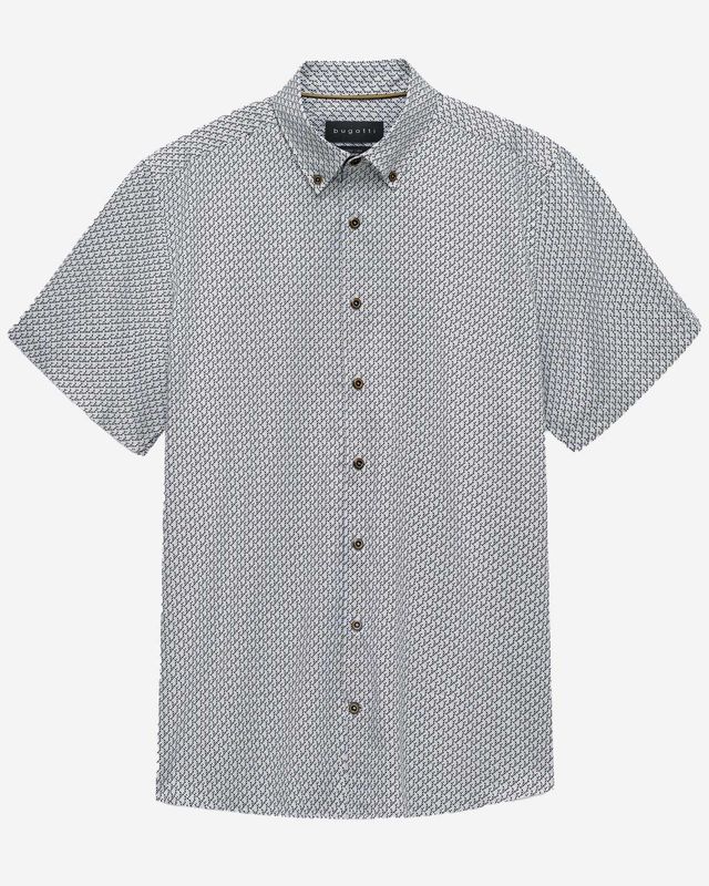Bugatti overhemd korte mouw grafisch print navy wit button-down 9450-18513E-40 katoen heren Haarlem voorkant