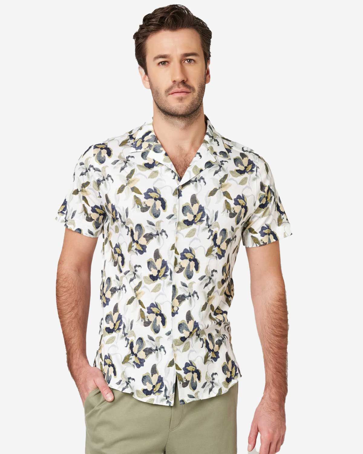 Desoto korte mouw overhemd met bloemenprint in groen en blauw