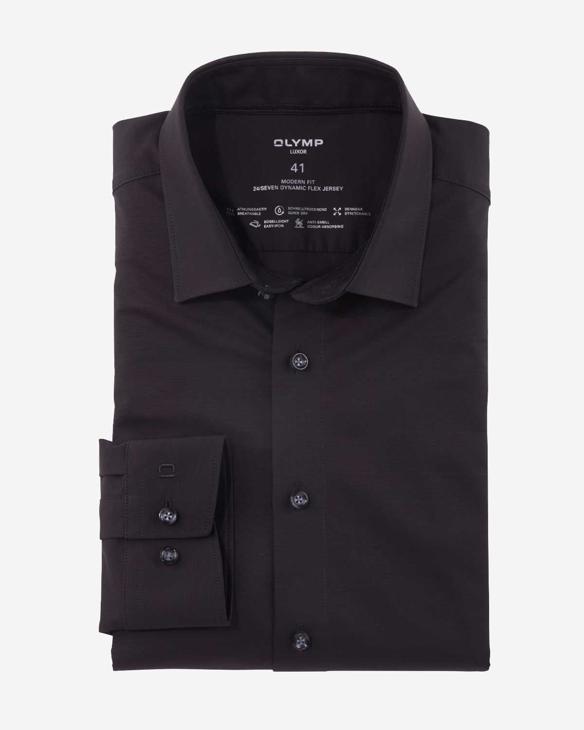OLYMP Luxor 24/Seven zwart jersey overhemd van katoen en spandex