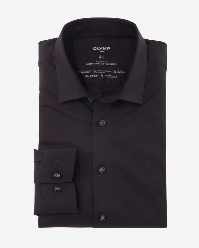 OLYMP Luxor 24/Seven zwart jersey overhemd van katoen en spandex