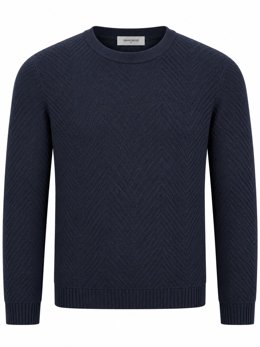 Gran Sasso pullover in donkerblauw van 100% wol, productfoto van het vooraanzicht.