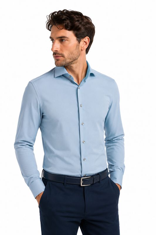John Miller 5142675 middenblauw overhemd met Cutaway kraag en Hyperstretch