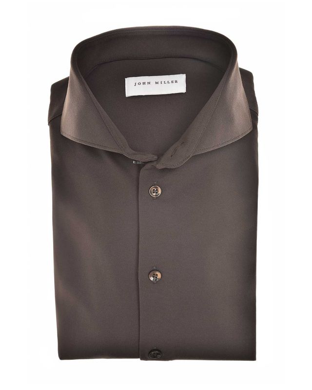 John Miller 5346516 donkerbruin Slim Fit overhemd met Cutaway kraag