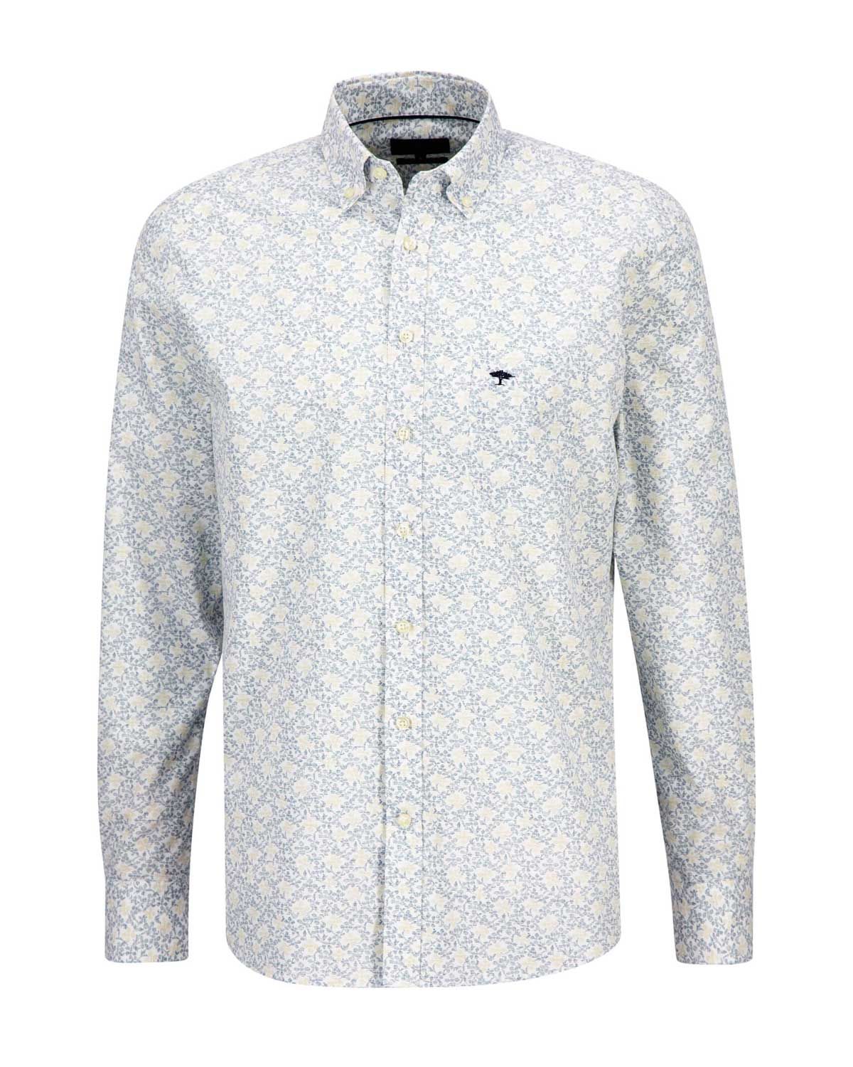 Fynch-Hatton Tangerine Prints button-down shirt with blue print, front view