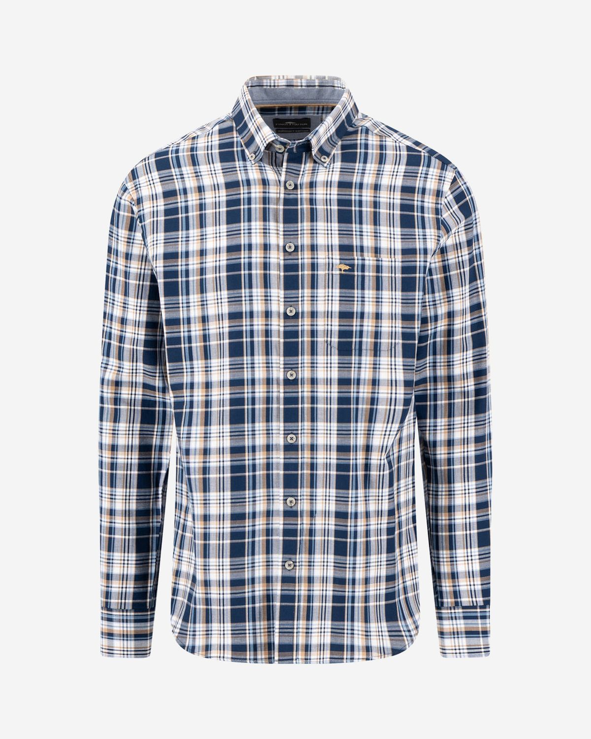 Fynch Hatton navy checked cotton shirt 16085360, front view with button-down collar and chest pocket