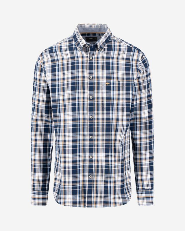 Fynch Hatton navy checked cotton shirt 16085360, front view with button-down collar and chest pocket