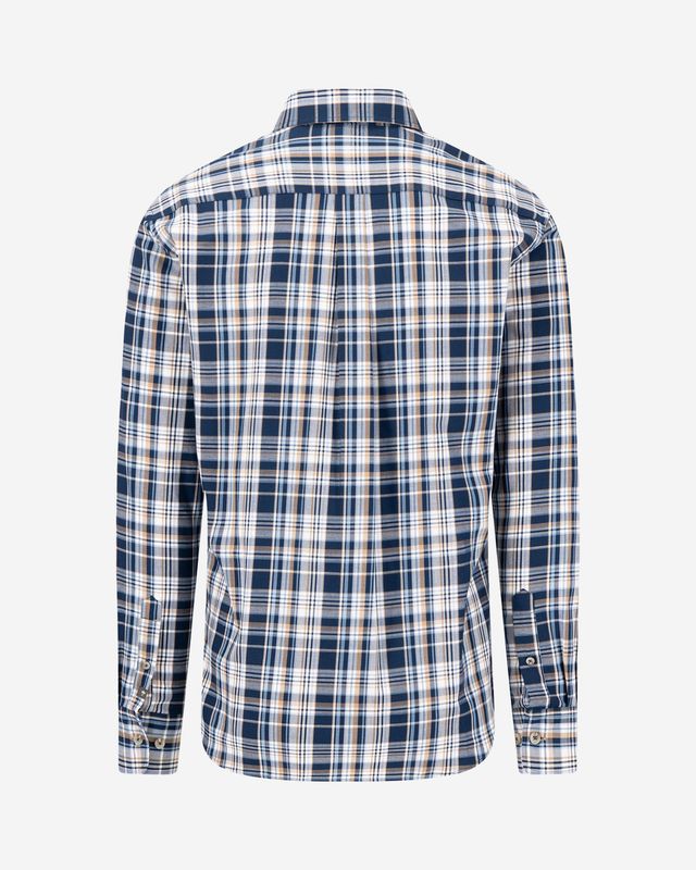 Fynch Hatton navy checked cotton shirt 16085360, back view with long sleeves and centre pleat
