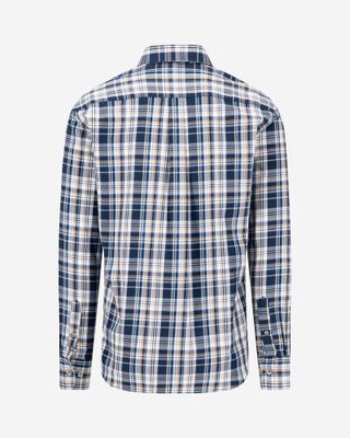 Fynch Hatton navy checked cotton shirt 16085360, back view with long sleeves and centre pleat