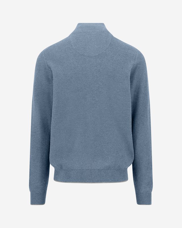 Fynch Hatton Air Blue cotton troyer 1614219, back view of fine knit and ribbed hem