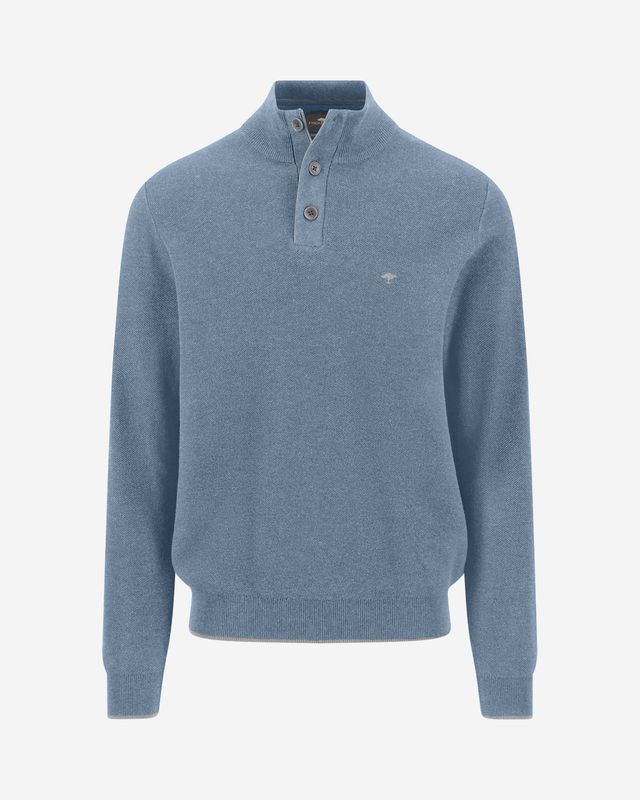 Fynch Hatton Air Blue cotton troyer 1614219, front view with stand collar and buttons