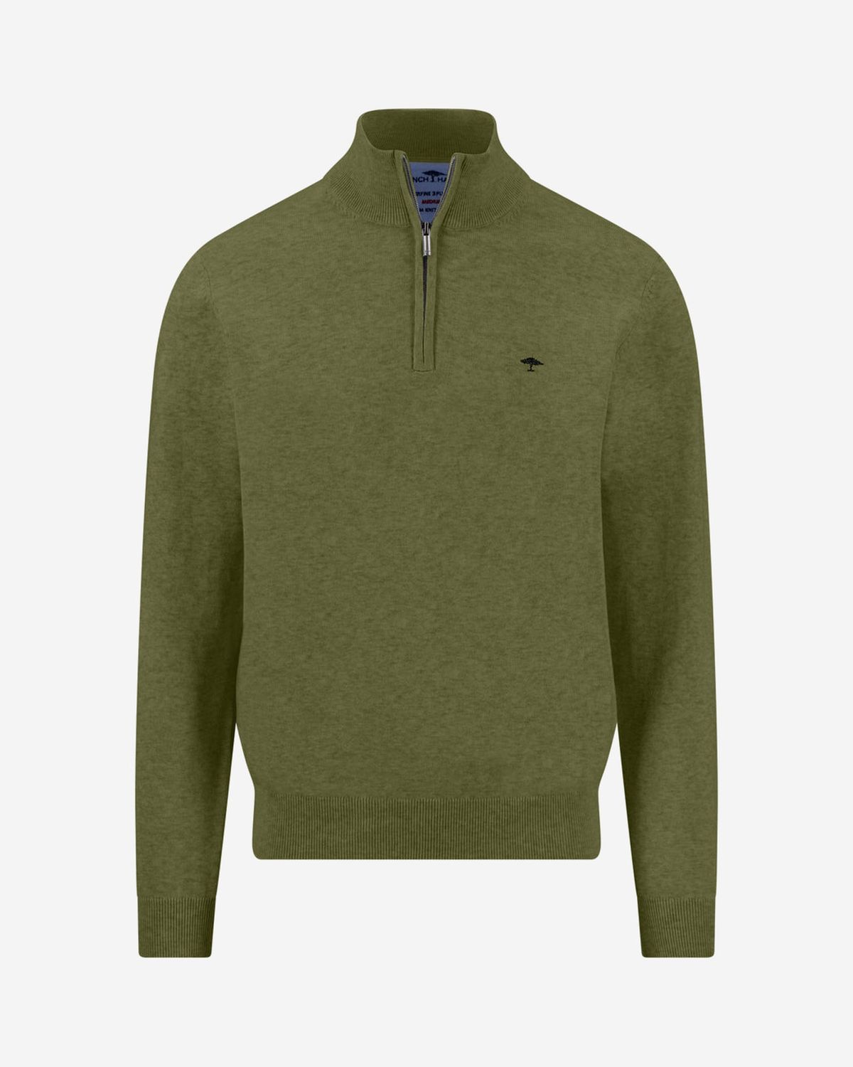 Fynch Hatton moss-green cotton zip troyer 1614215, front view with short zip and stand collar
