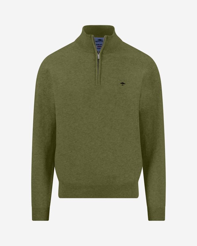 Fynch Hatton moss-green cotton zip troyer 1614215, front view with short zip and stand collar
