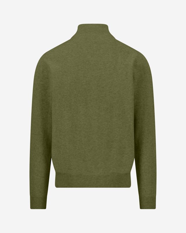 Fynch Hatton moss-green cotton zip troyer 1614215, back view of fine knit and ribbed hem
