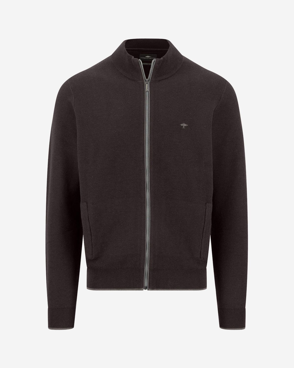 Fynch Hatton dark-brown Soil cotton cardigan 1614223, front view with zip, collar and pockets