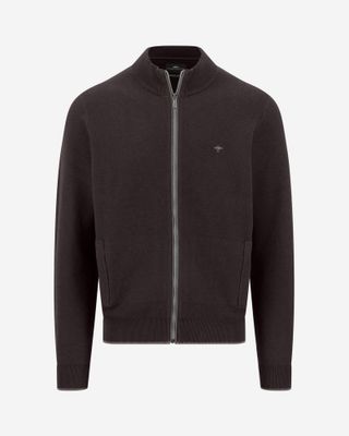 Fynch Hatton dark-brown Soil cotton cardigan 1614223, front view with zip, collar and pockets