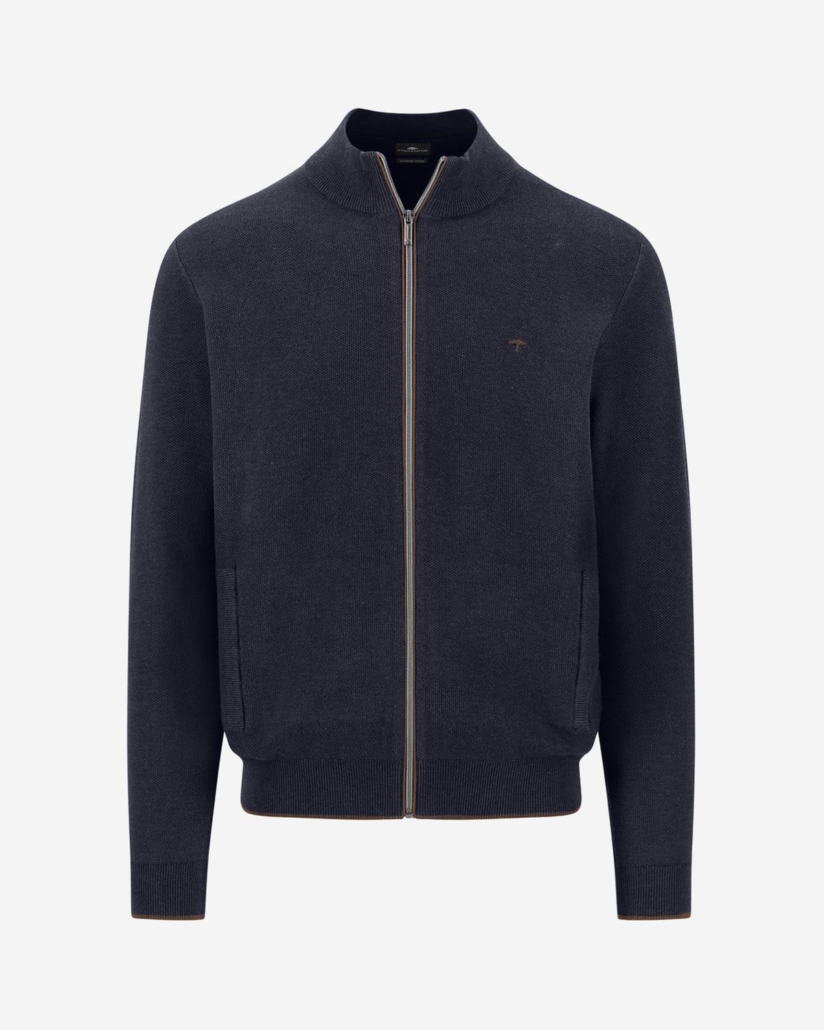 Fynch Hatton navy cotton zip cardigan 1614223, front view with stand collar and side pockets