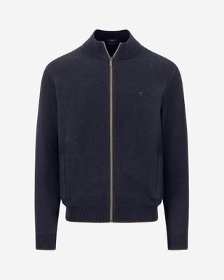 Fynch Hatton navy cotton zip cardigan 1614223, front view with stand collar and side pockets